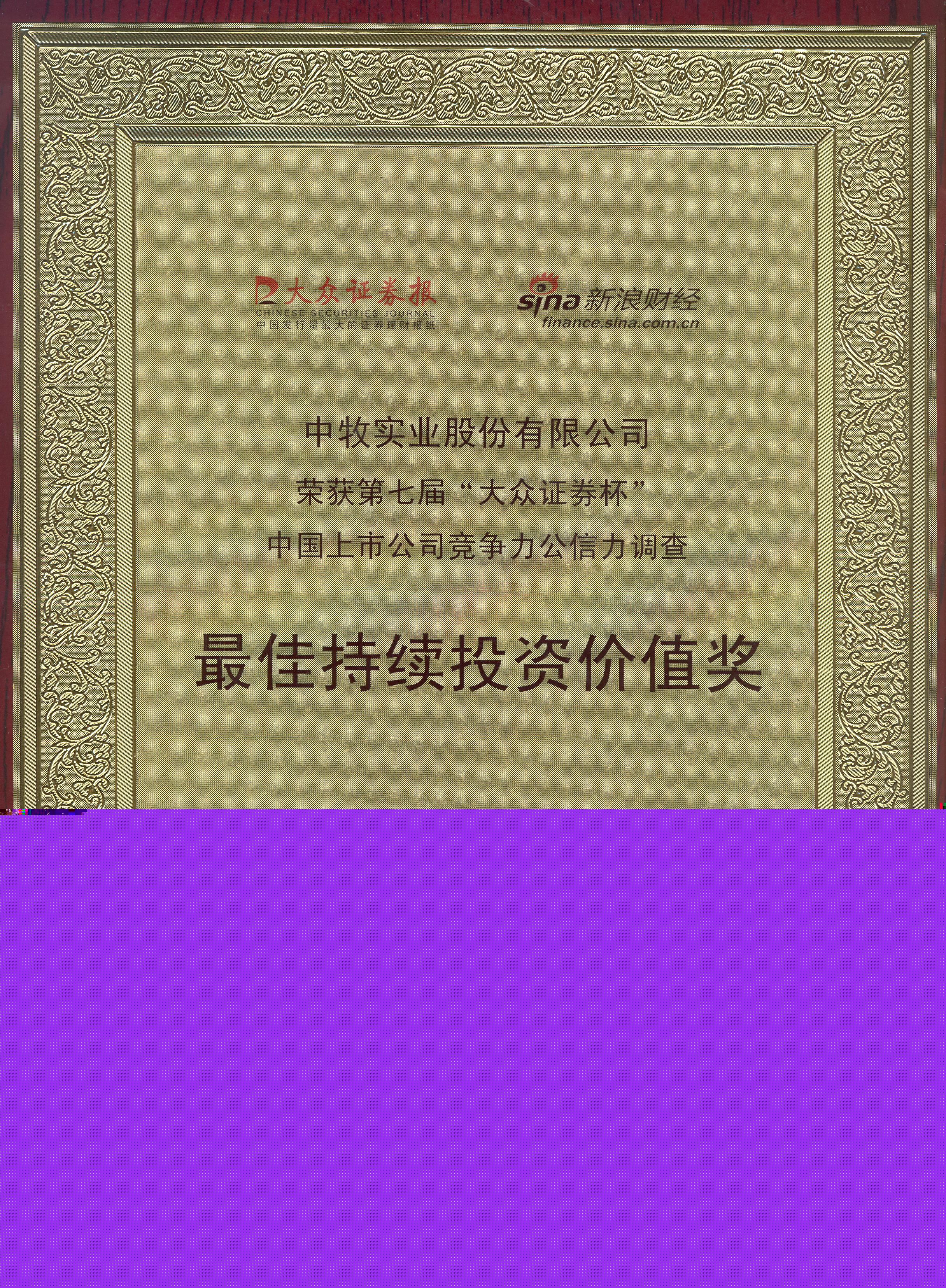 7-2012年9月，公司獲得第七屆“大眾證券杯”中國(guó)上市公司競(jìng)爭(zhēng)力、公信力調(diào)查最佳持續(xù)投資價(jià)值獎(jiǎng).jpg